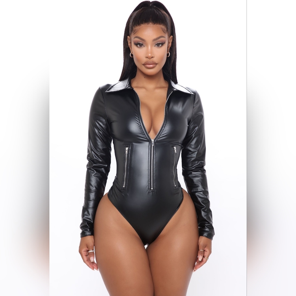 Fashion Nova Black Biker Baddie Zip Front Bodysuit *Worn only once*